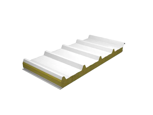 Panel sándwich de lana de roca con caras metálicas y perfil de 5 grecas; núcleo mineral incombustible, cerramiento ignífugo no propagador de la llama
