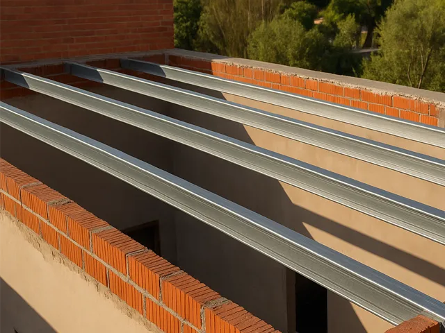 Soporte de cubierta sobre muros de ladrillo con perfiles metálicos en C